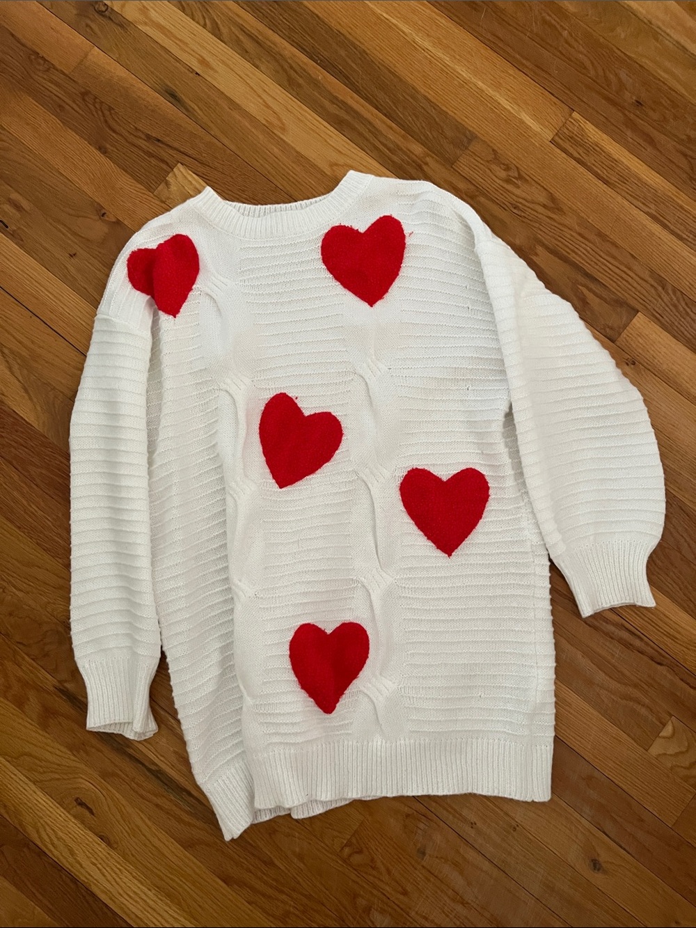 SHEIN White Oversized Sweater Dress with Red Heart Appliqués